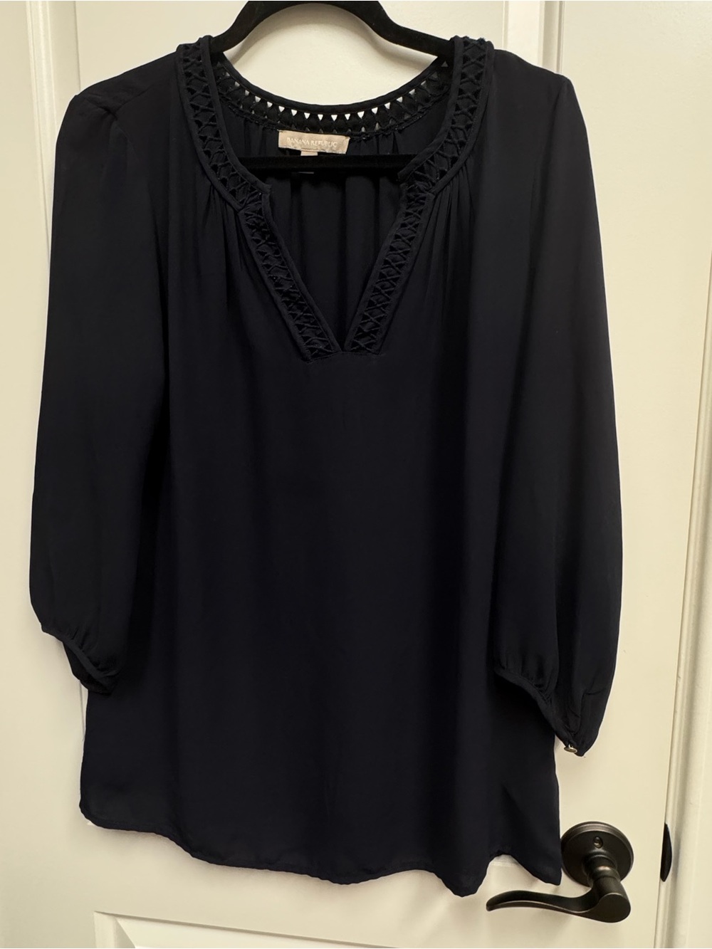 Banana Republic Black V-Neck Crochet-Trim Blouse